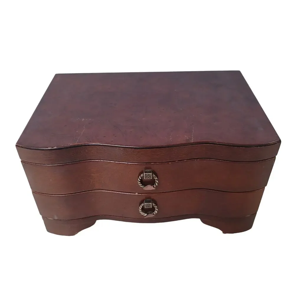 Vintage Burl wood jewelry box Rings necklace cufflinks 2 Compartment Vanity